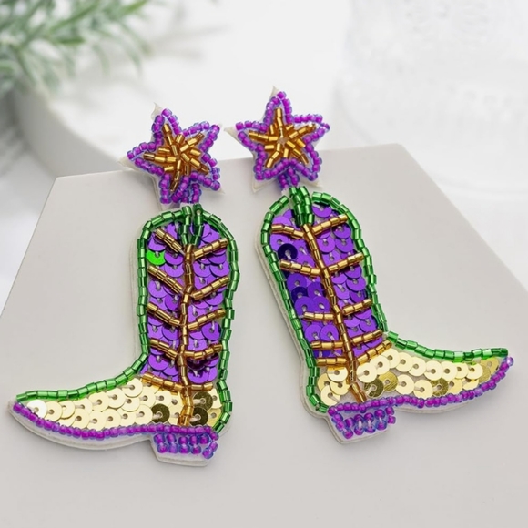 Jewelry - Cowgirl Boots Earrings Mardi Gras Earrings Western Beaded New Orleans Nola